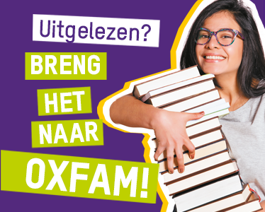 Lenteschoonmaak in mei. Meisje met stapel boeken en tekst: uitgelezen? Breng het naar Oxfam.