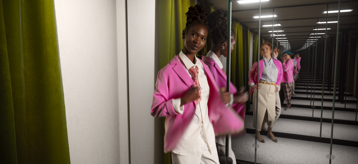 Vrouw bekijkt zichzelf in de spiegel met een roze jas. In de reflectie zie je verschillende personages die het eeuwig leven voor het kledingstuk voorstellen.