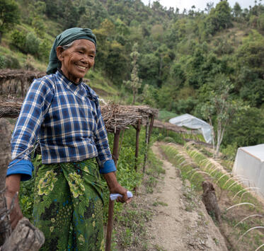 une jardinière dans une pépinière de la région de Jorayal au Népal